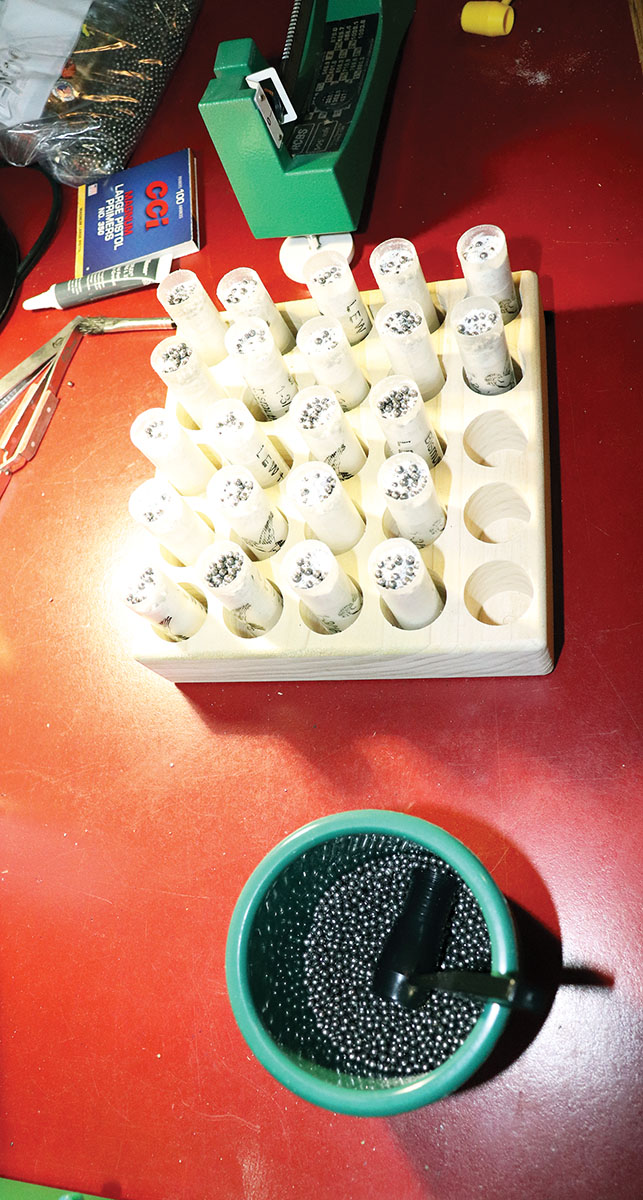 The vintage turkey load with No.5 bismuth and buffer ready for the crimp.